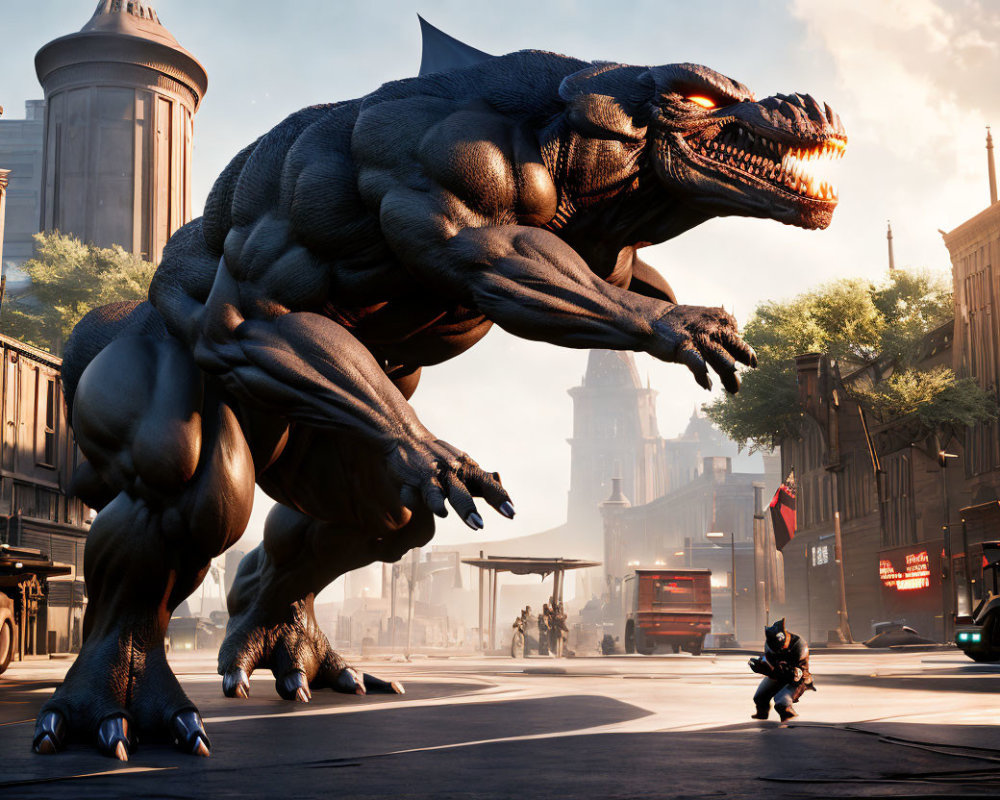 Gigantic dinosaur-like creature confronts armored figure with sword