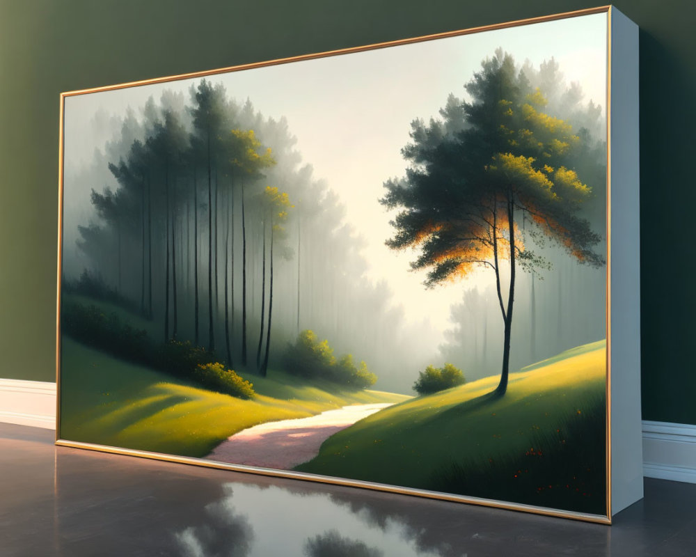 Serene forest scene with sunlight filtering through trees