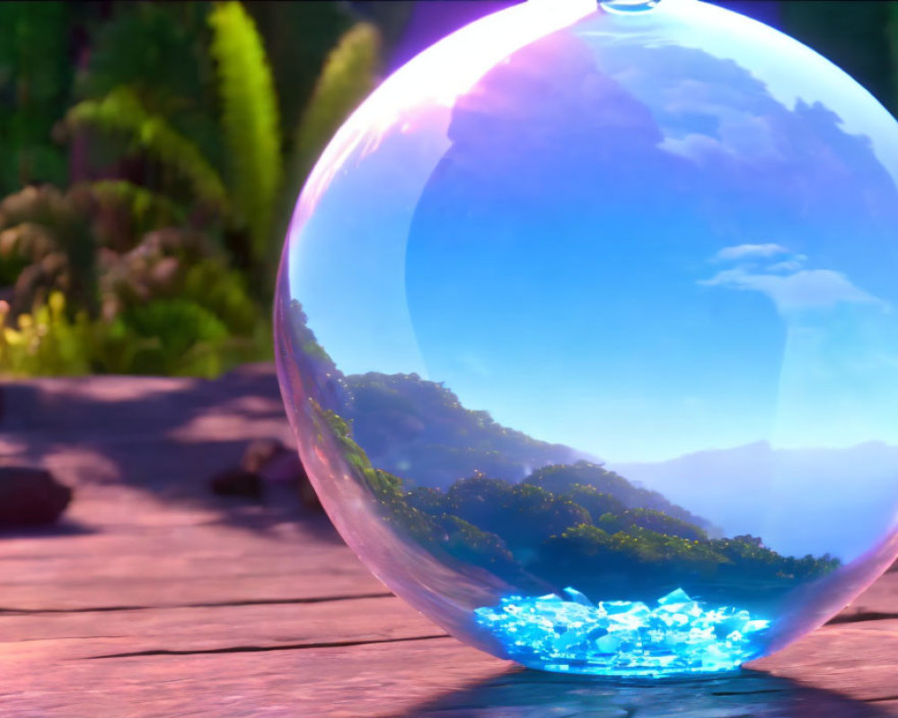 Transparent Sphere Reflecting Vivid Green Landscape on Wooden Surface
