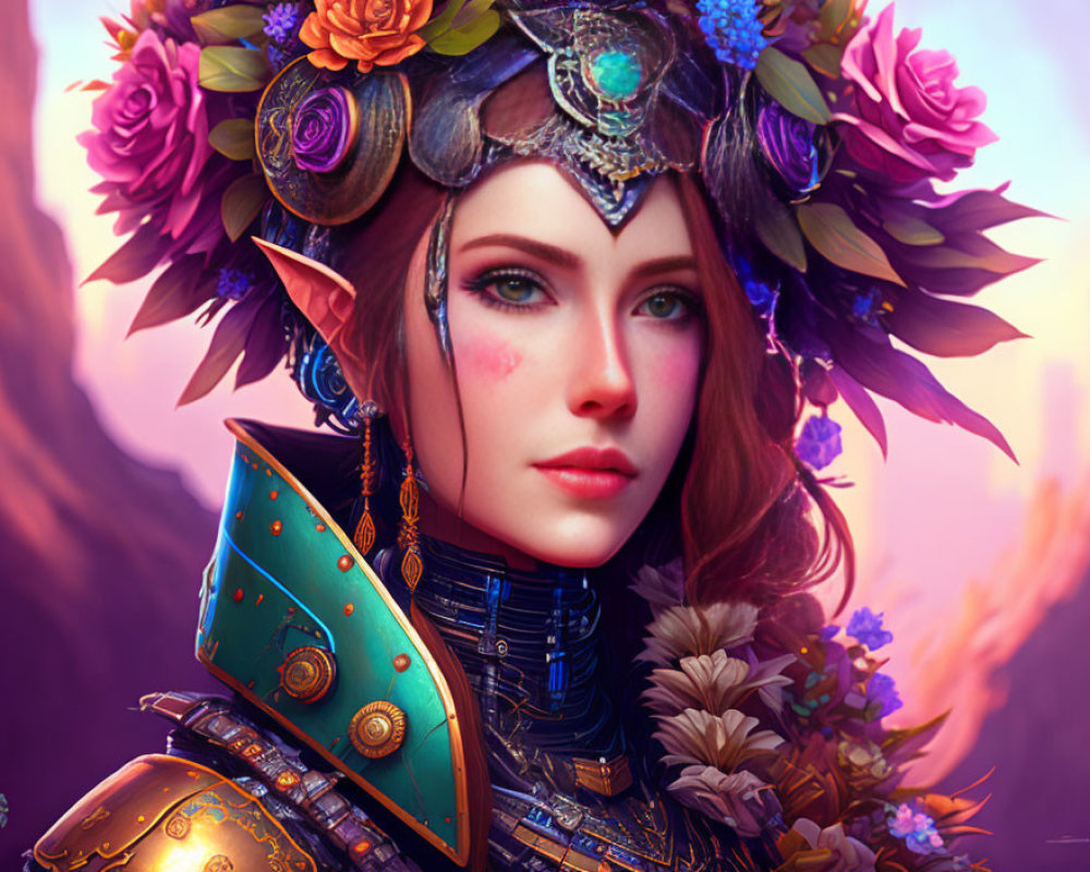 Fantasy elf portrait with floral headgear and detailed armor on soft purple background