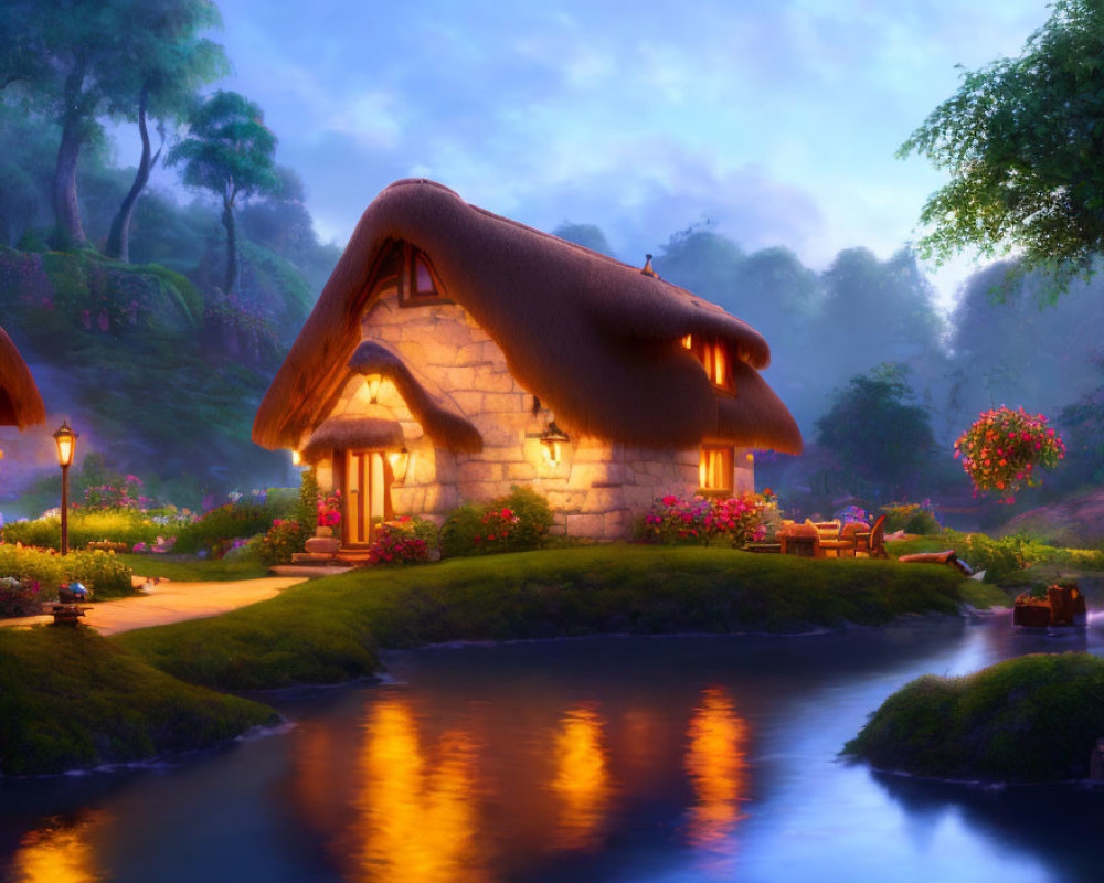 Riverside thatched-roof cottage at twilight with glowing warm lights