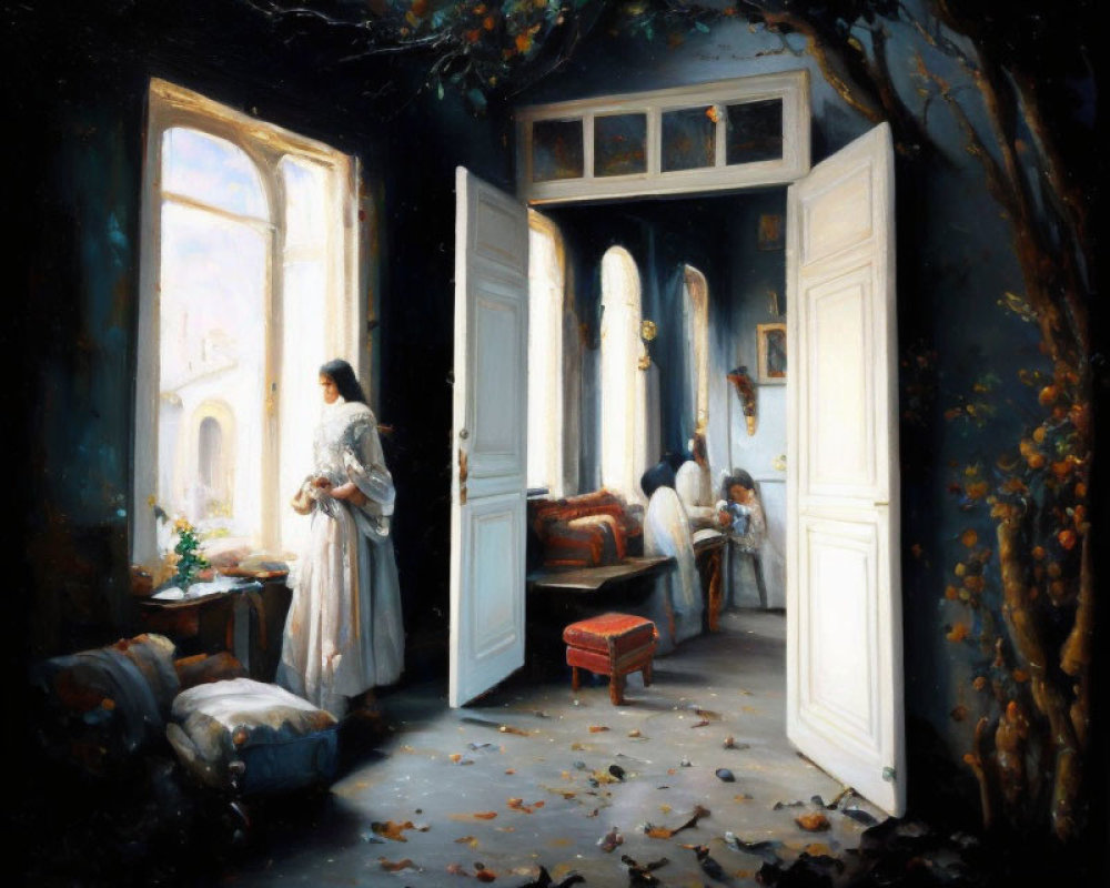 Woman in white dress by open door, child in room with autumn leaves - painting.