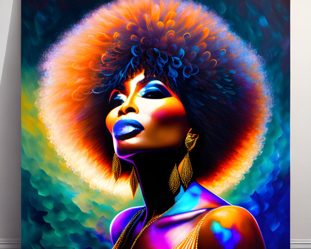 Colorful portrait of woman with afro and makeup on textured background in room