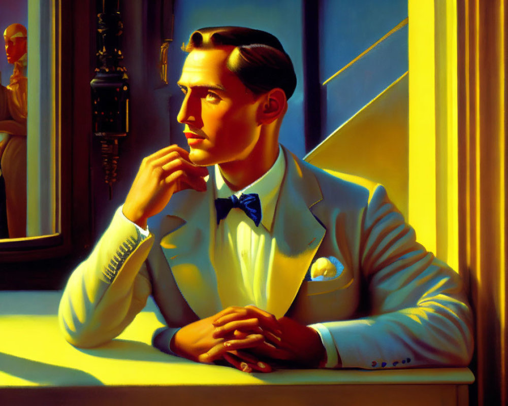 Stylized portrait of a man in white suit and blue bow tie by sunlit window.