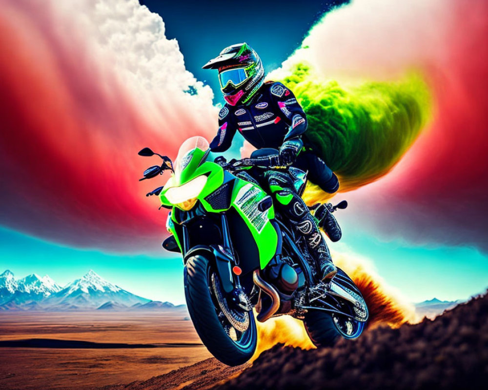 Motorcyclist in full gear with colorful smoke trails in desert landscape