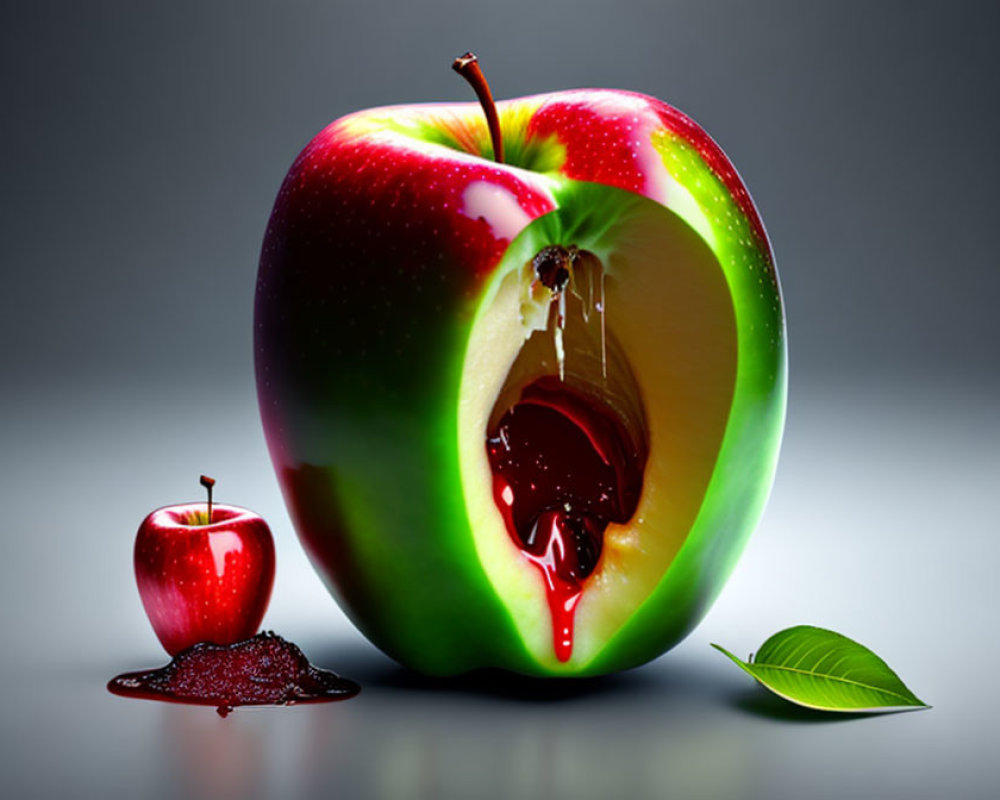 Two apples, one large with a hollow core leaking juice and a small one beside it, on a