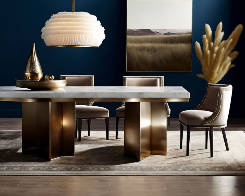 Modern dining room with brass base table, tufted chairs, cream pendant light, and landscape painting