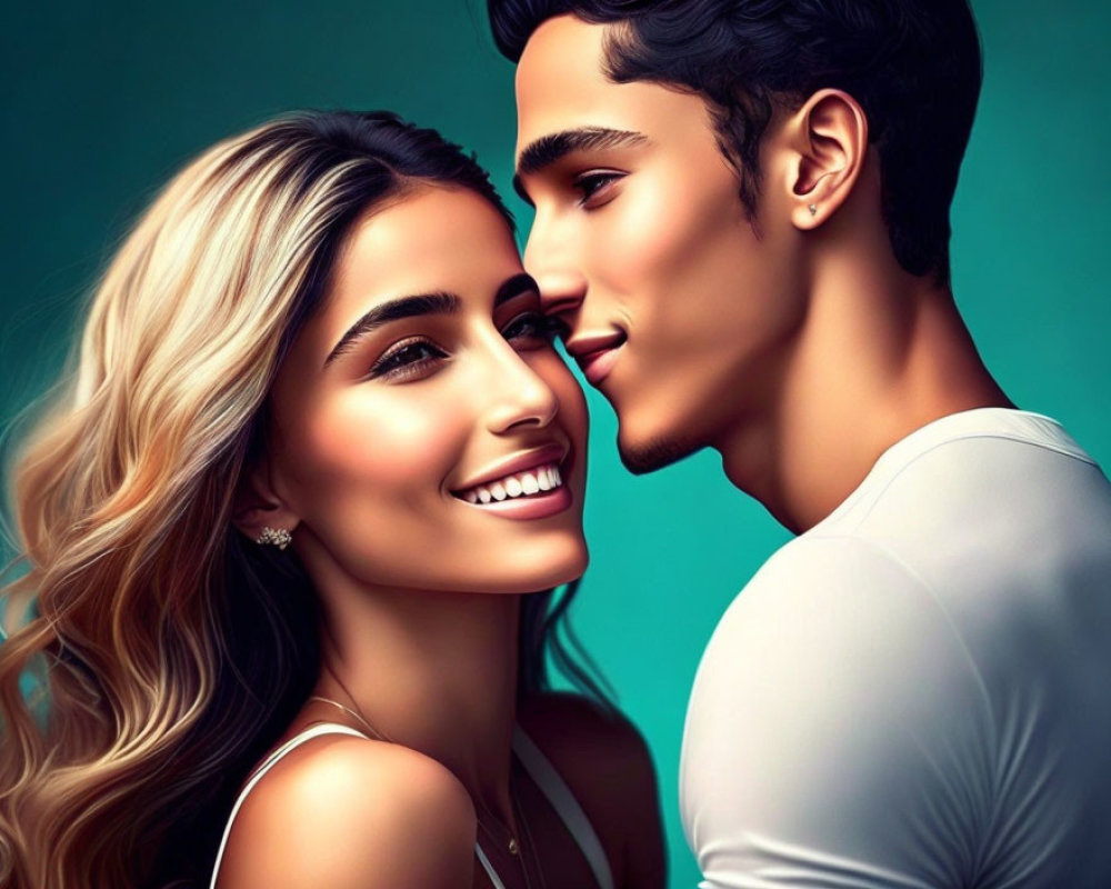 Vibrant digital illustration of a smiling couple on teal background