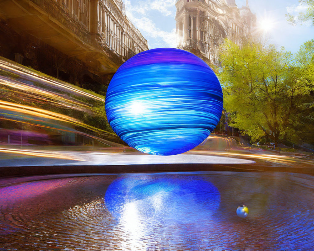 Blue Swirl-Patterned Spheres in Cityscape Reflections