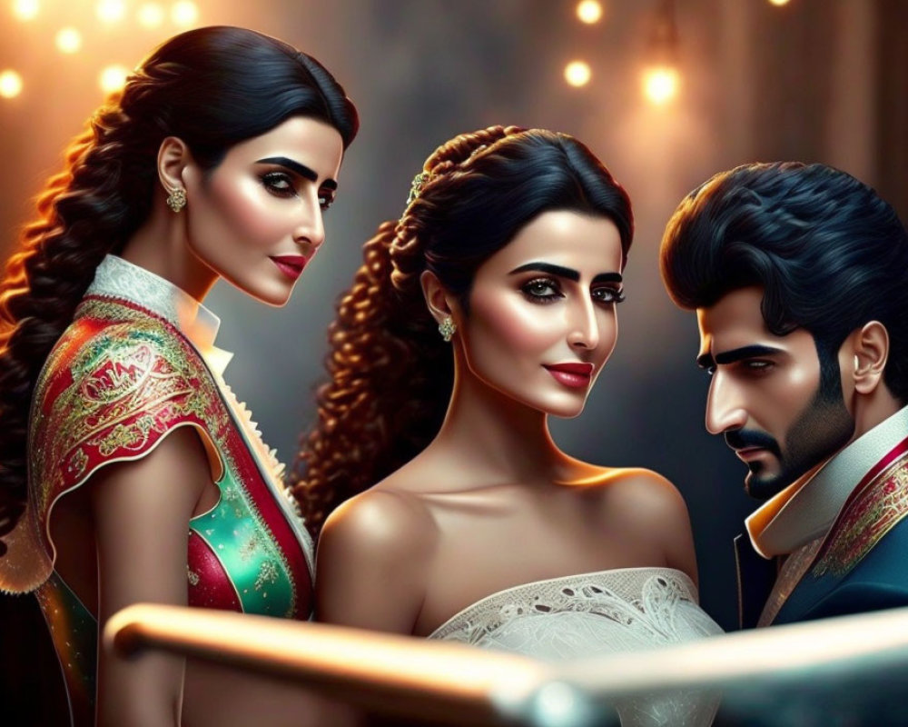 Elegant Trio in Stylish Attire with Glamorous Look