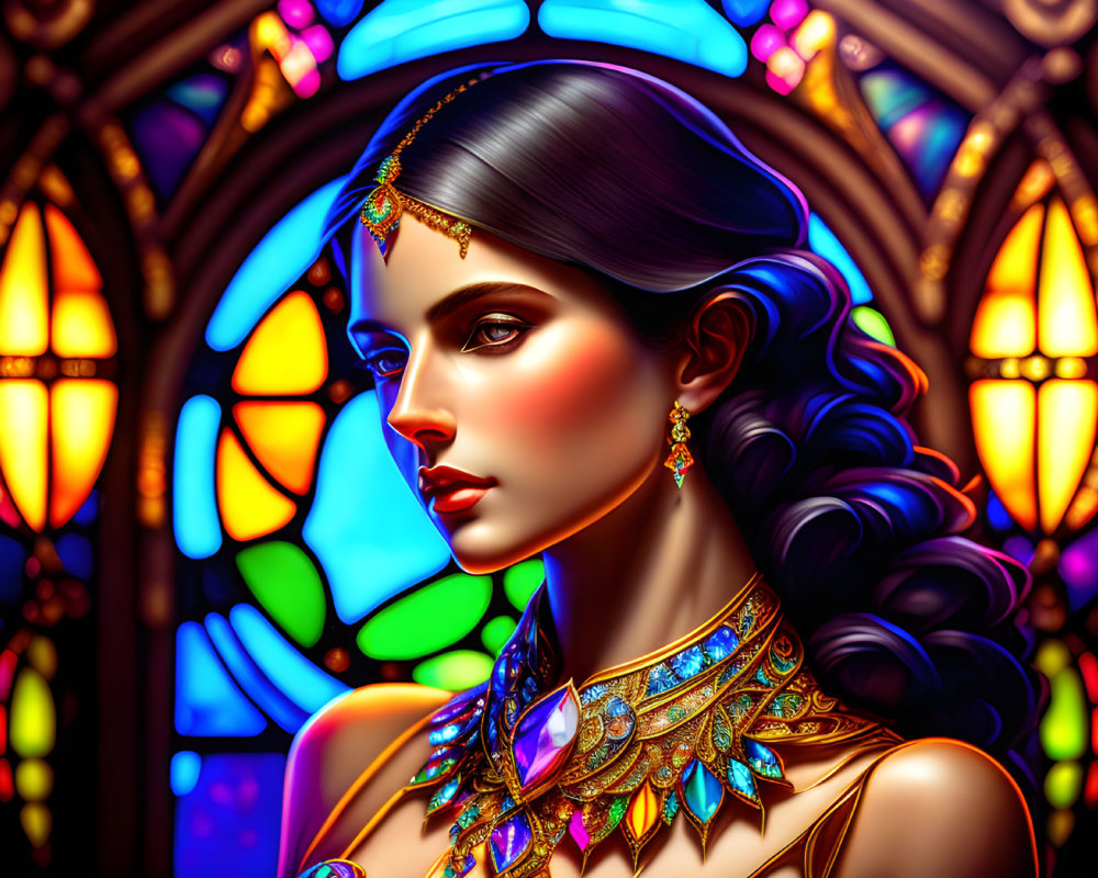 Dark-haired woman with gold and gemstone jewelry against stained glass window.