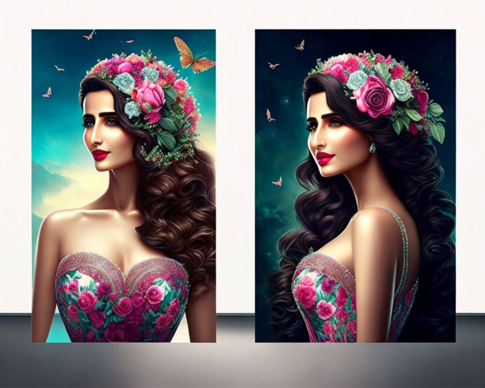 Digital artwork: Woman with long wavy hair, floral dress, crown, and butterflies in dual portraits