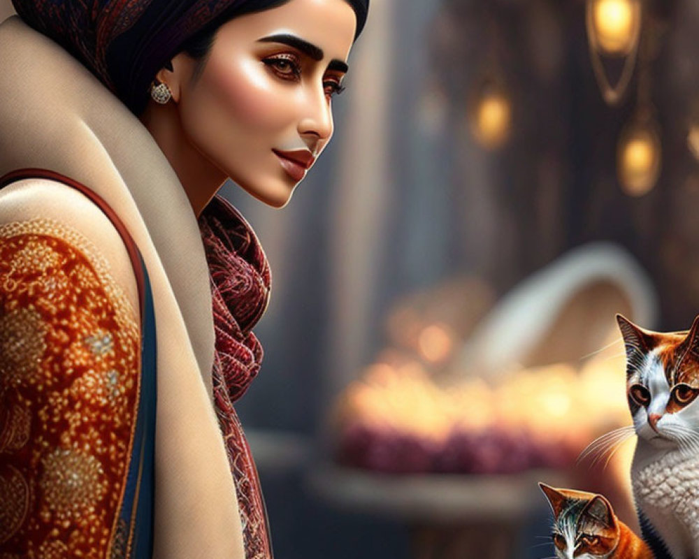 Colorful Headscarf Woman with Cat in Cozy Setting