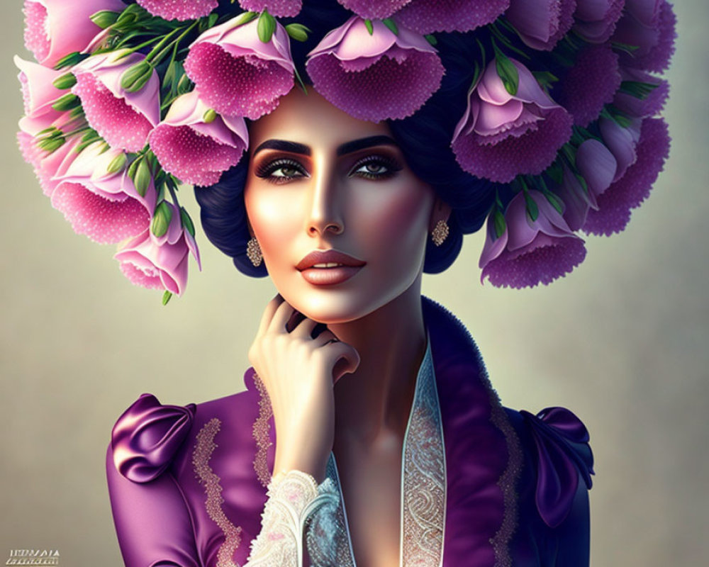 Illustrated woman with ornate flower hat and elegant makeup in purple cloak