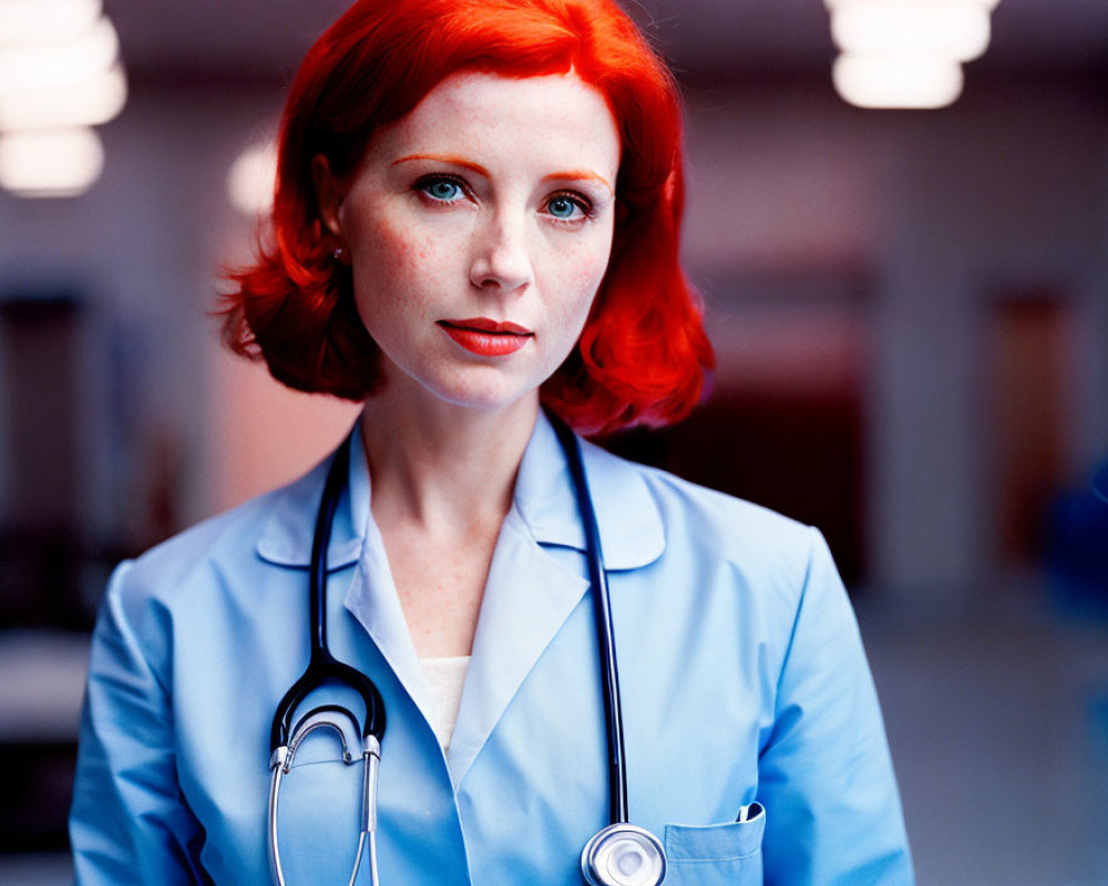 Red-haired woman in blue medical coat with stethoscope poses confidently.