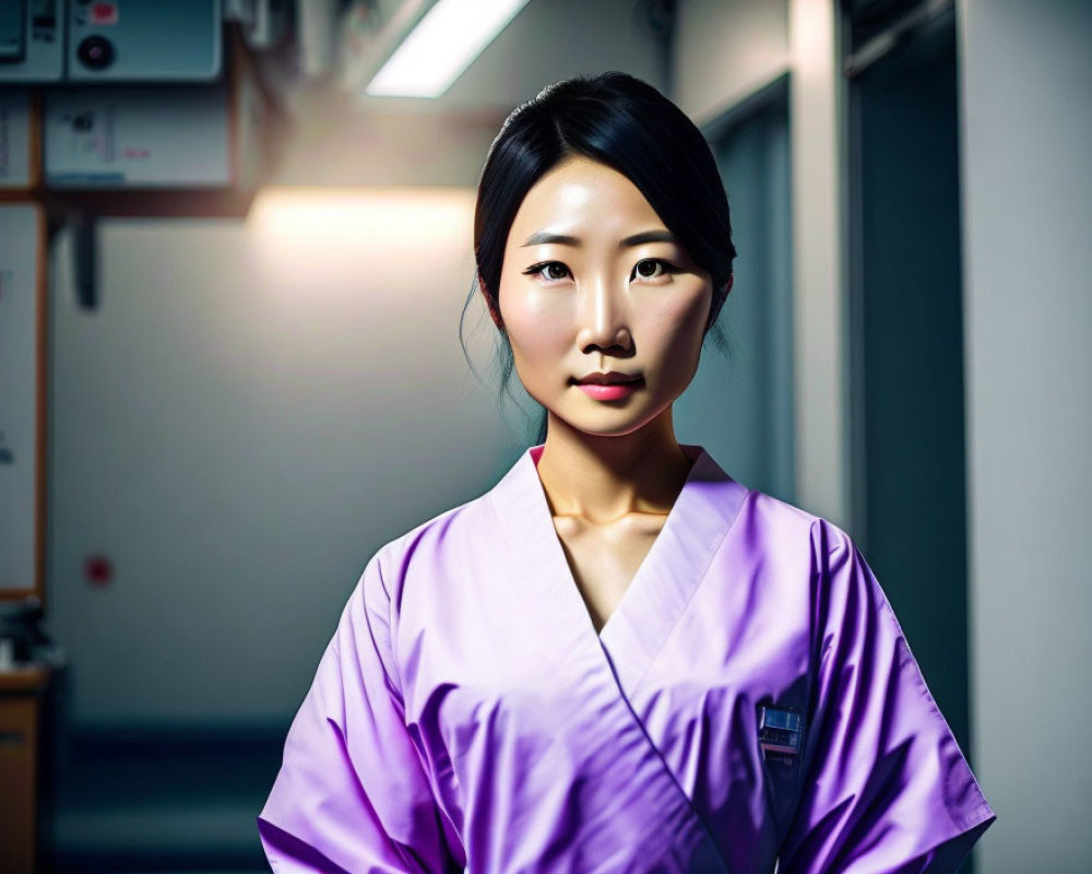 Confident Woman in Purple Medical Scrub in Dramatic Lighting