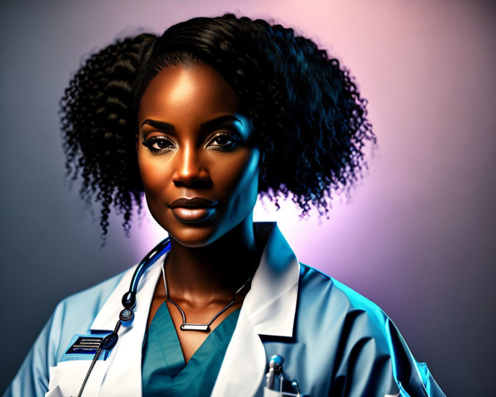Healthcare Professional in Blue Scrubs with Stethoscope on Blue-Pink Gradient