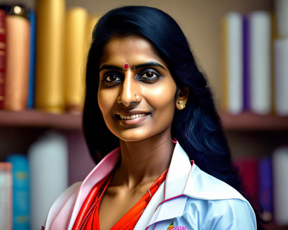 Female professional in lab coat with stethoscope and bindi by bookshelf