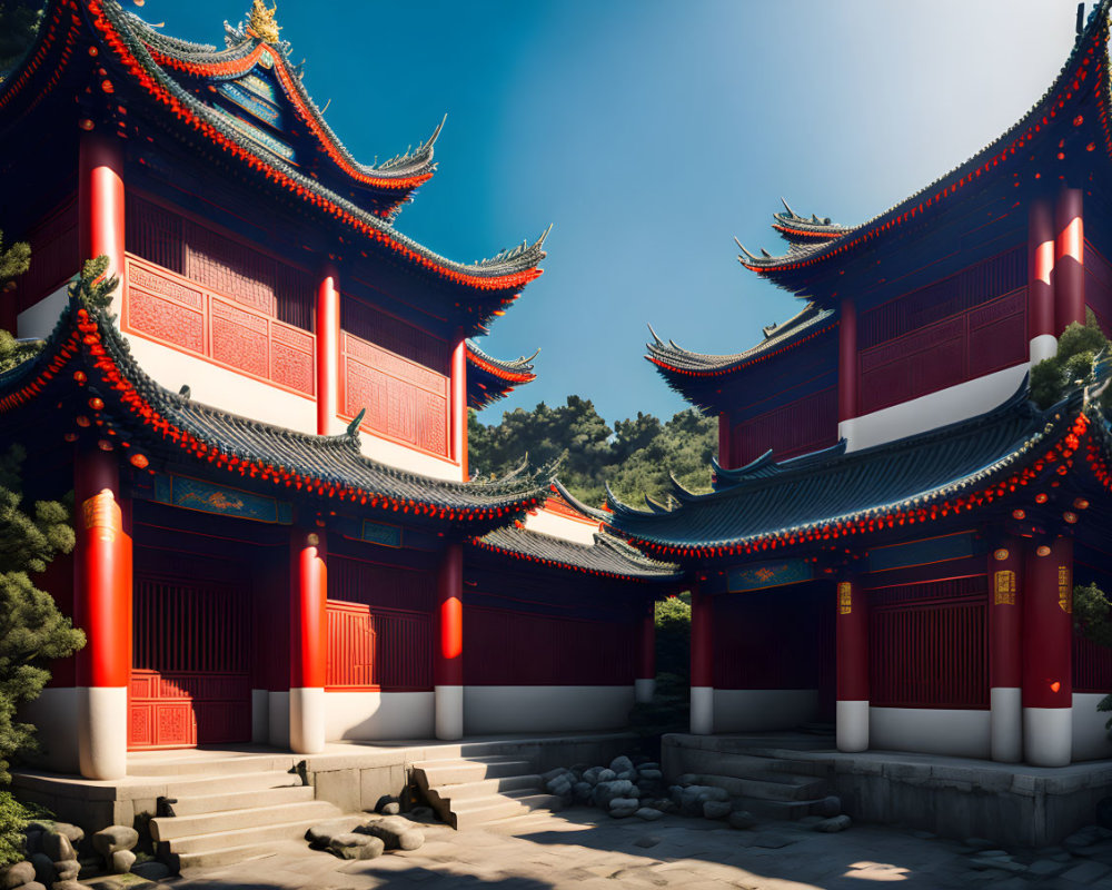 Traditional Chinese architecture: Red walls, tiled roofs, lanterns, blue sky
