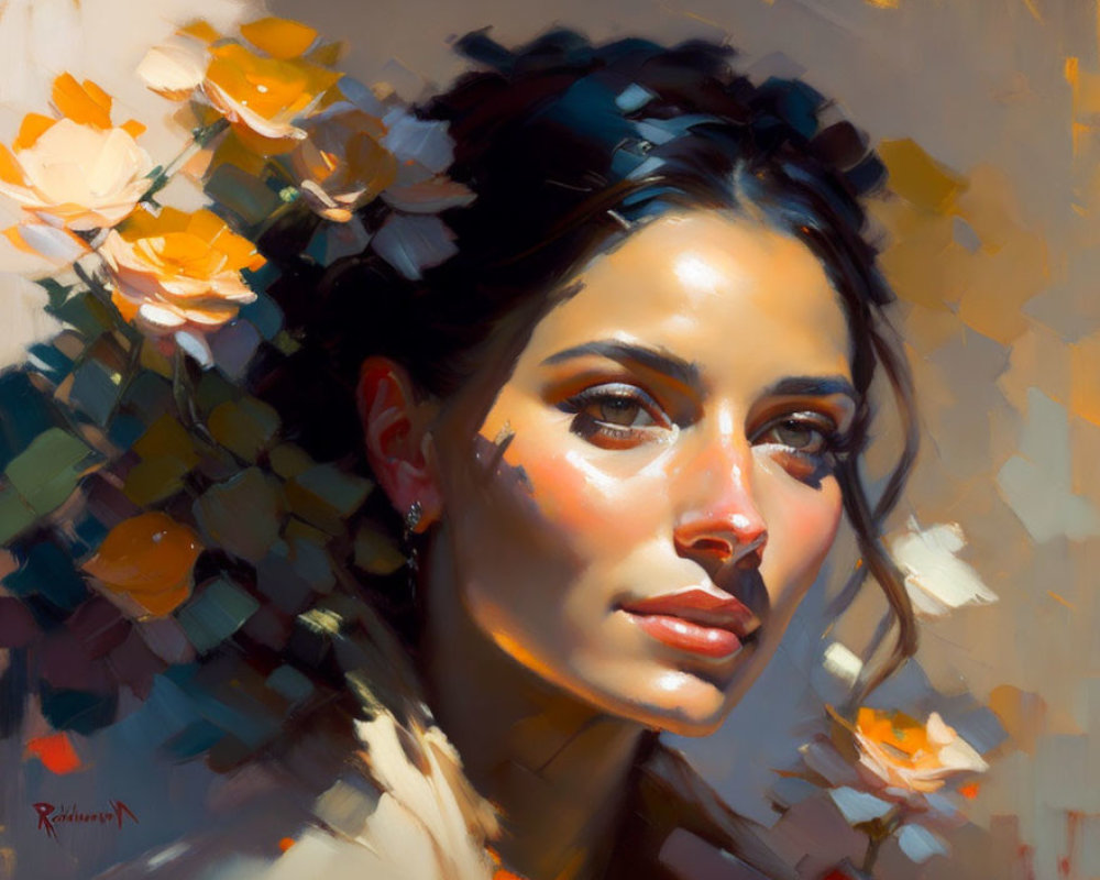 Serene woman surrounded by yellow flowers in vivid colors