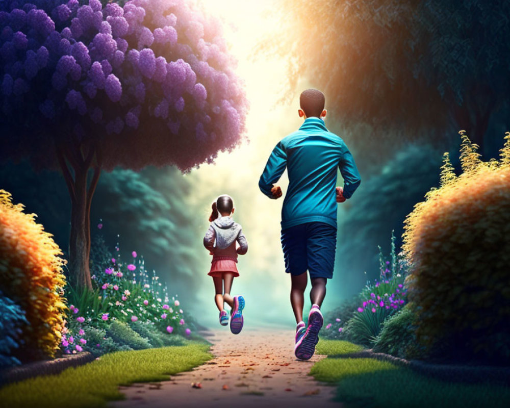 Man and girl jogging on vibrant flower path