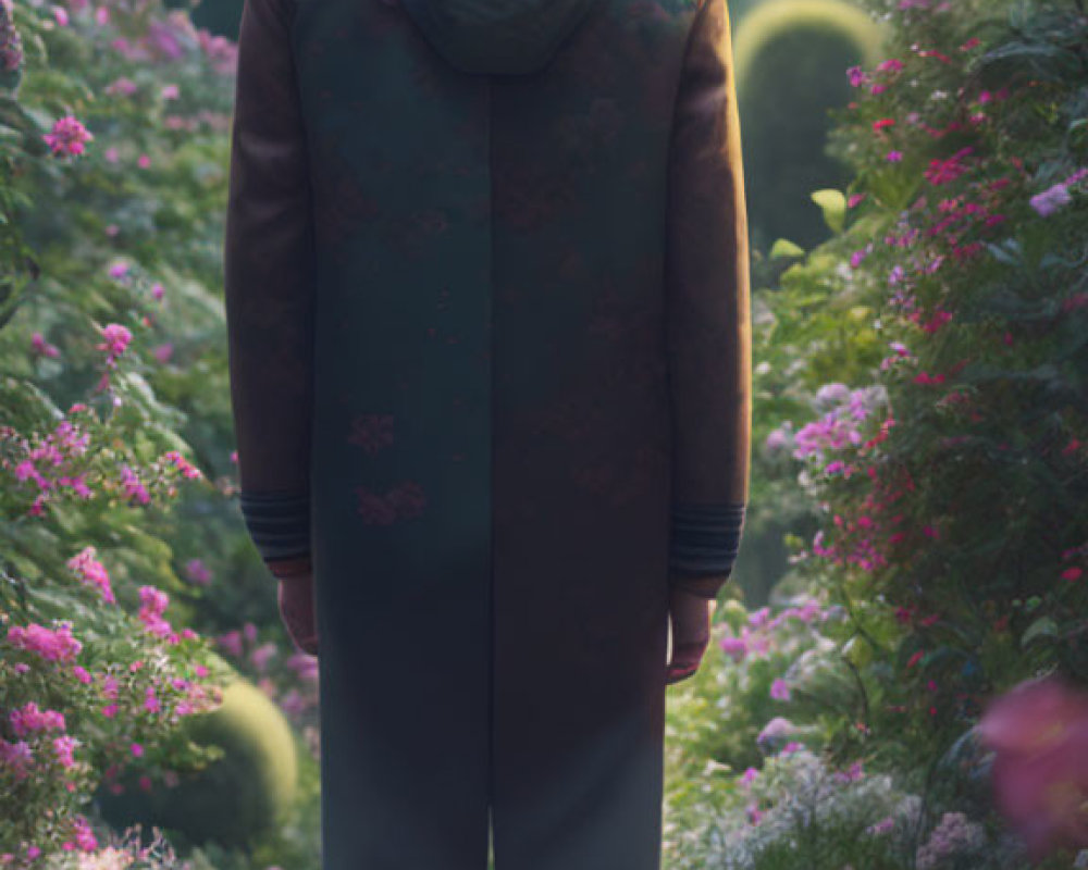 Curly-Haired Man Surrounded by Flowers in Serene Garden