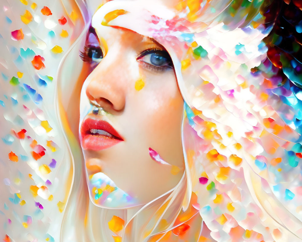 Colorful digital art featuring two women's faces with swirling petal pattern