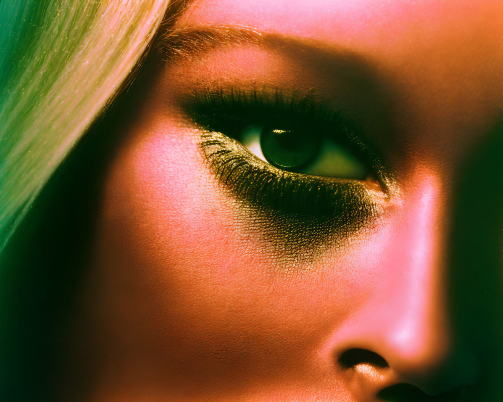 Detailed view of green eye with dramatic makeup and colorful lighting.