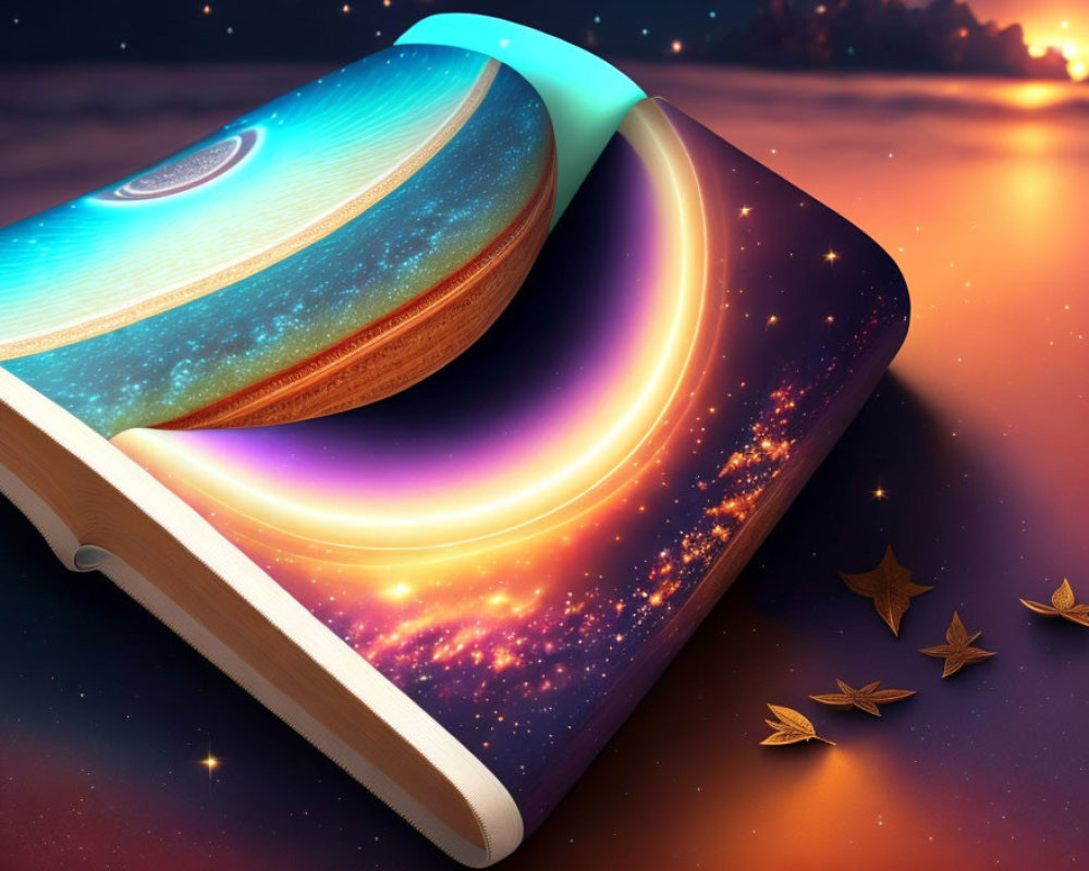Majestic cosmic scene in open book with stars and nebulae