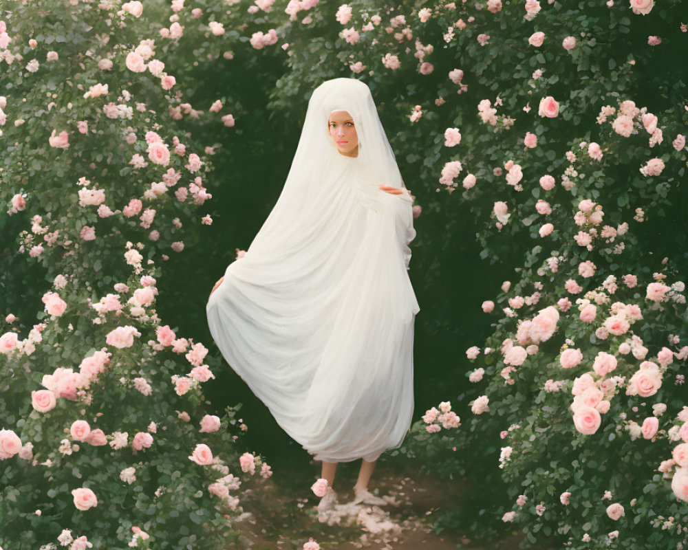 Person in white fabric surrounded by lush rose bushes