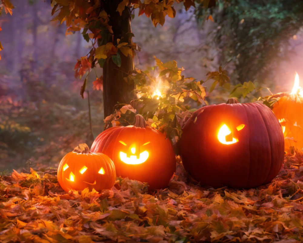 Three Glowing Jack-o'-lanterns in Misty Autumn Forest