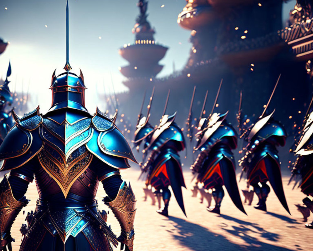 Medieval knight in ornate armor with spearmen and floating towers.