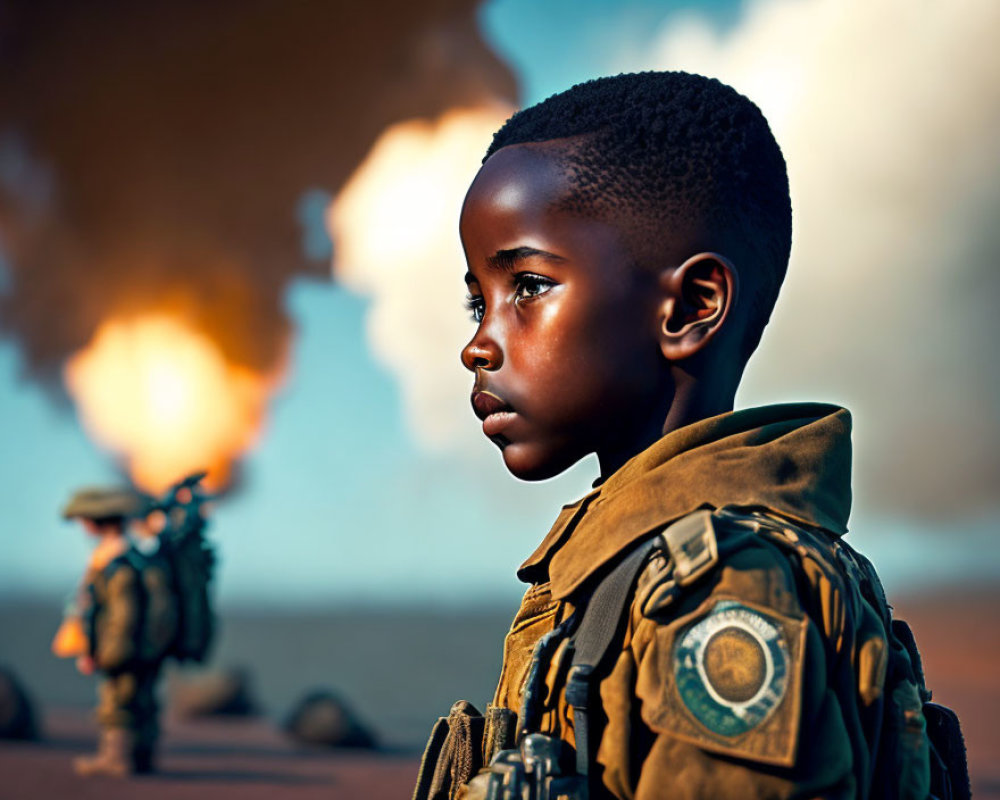 Young boy in military gear in desert with explosion & soldiers.