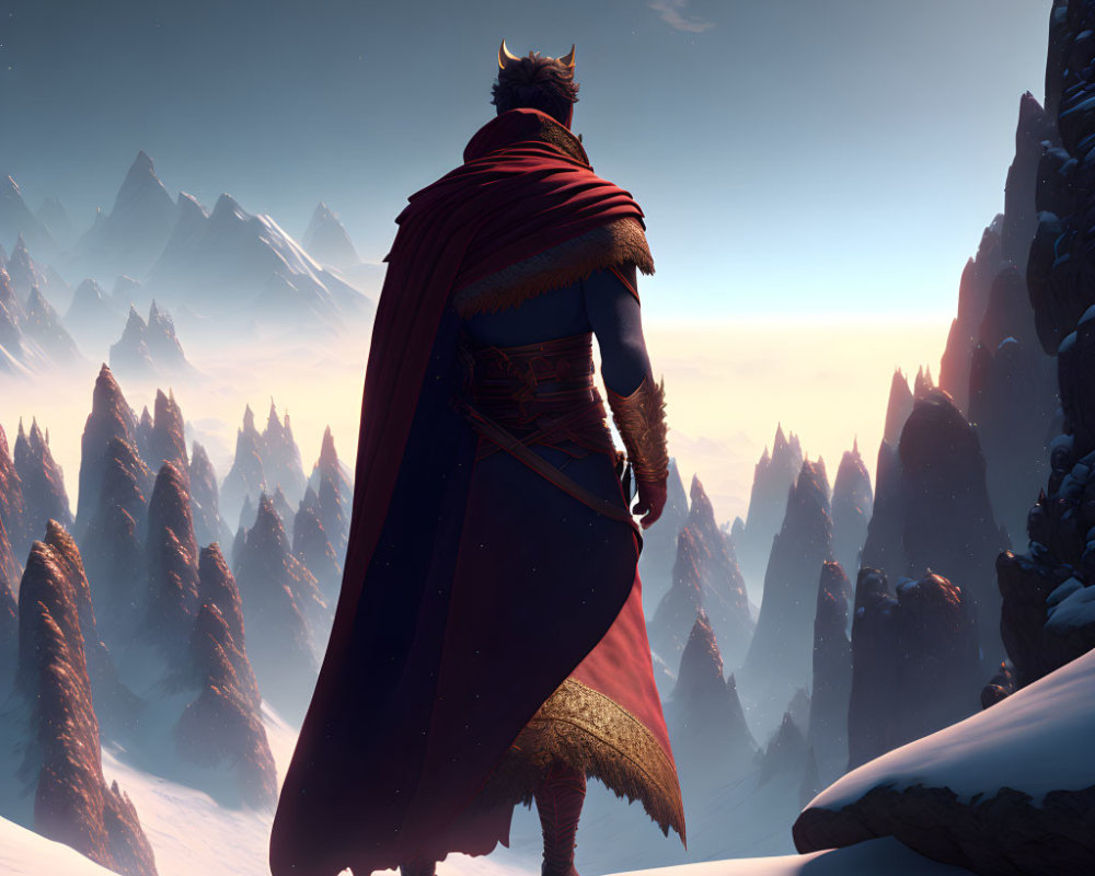 Warrior in ornate armor and red cape gazes at snowy mountain range