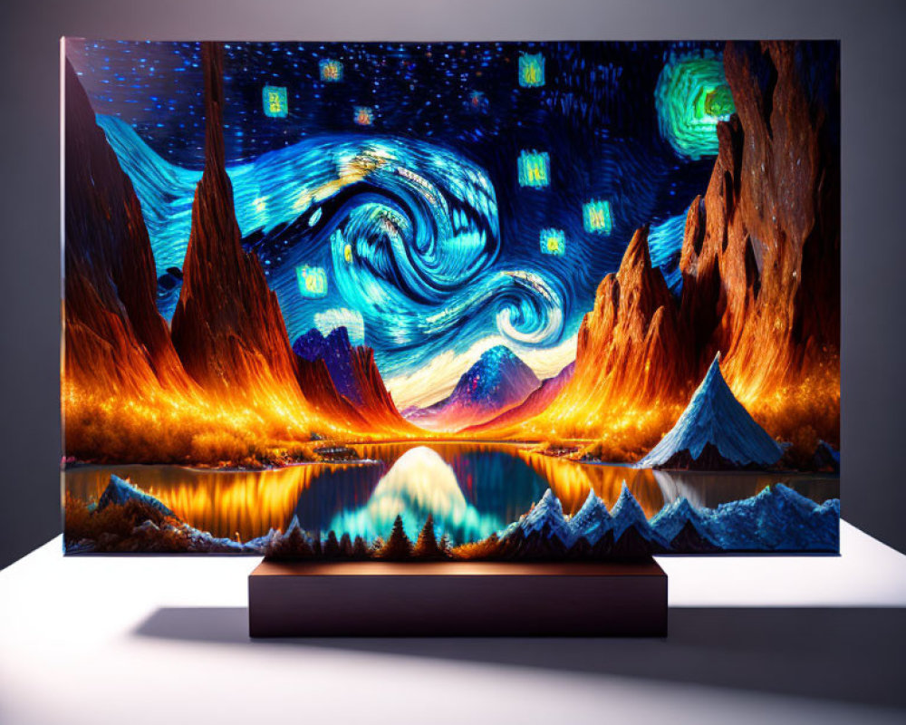 Starry night painting on modern TV stand against gray background