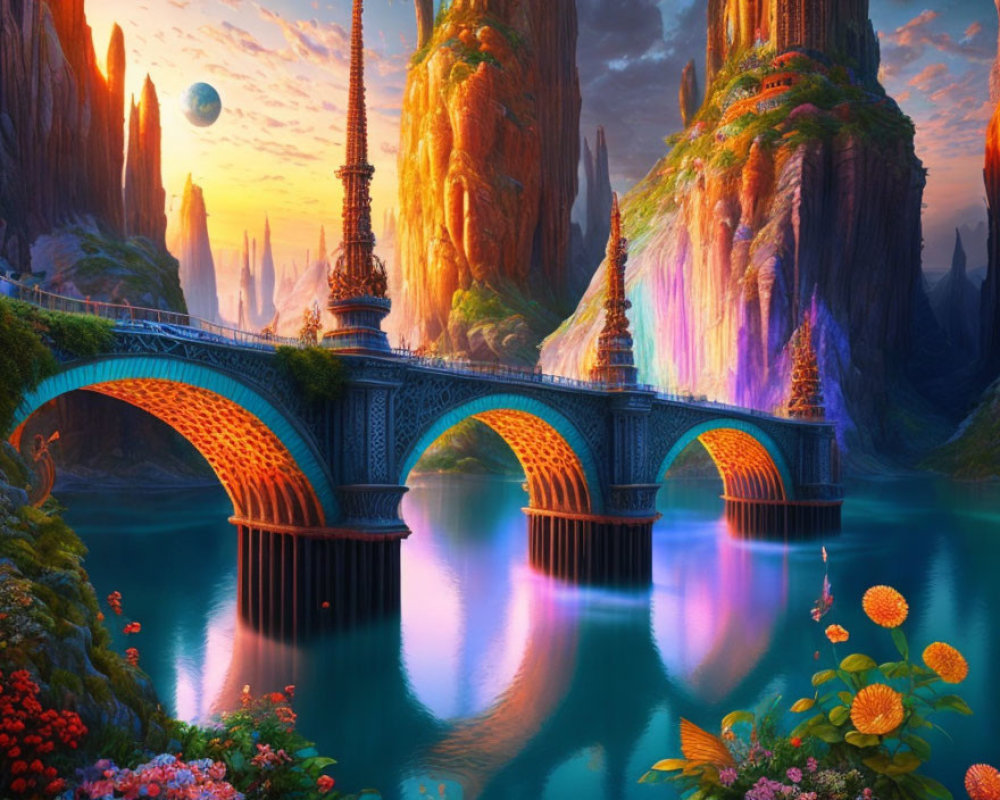 Vibrant Flora, Reflective Lake, Ornate Bridge in Fantasy Landscape