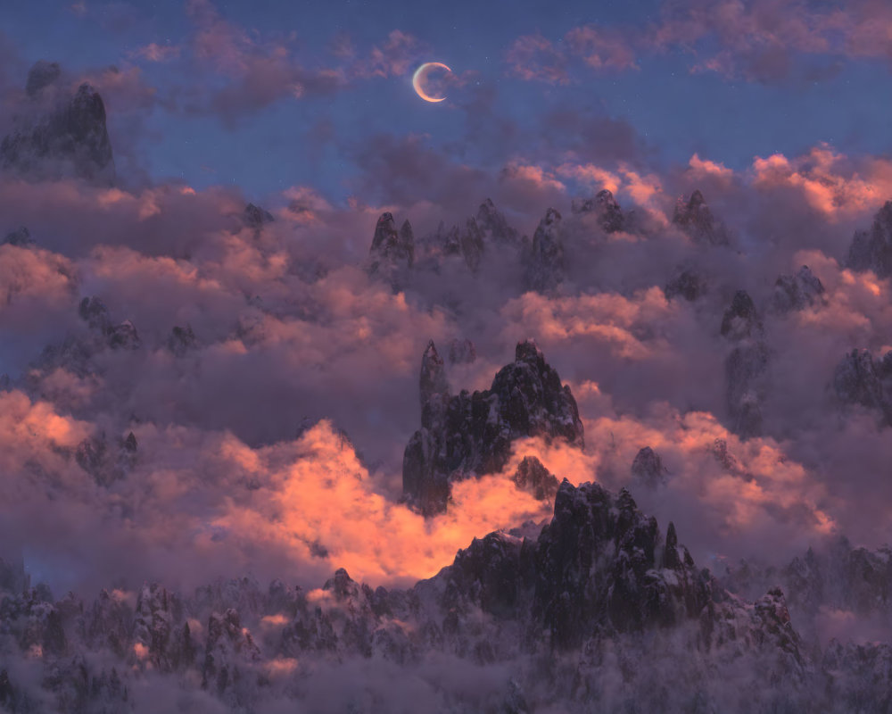 Nighttime landscape with glowing clouds, sharp mountains, crescent moon.
