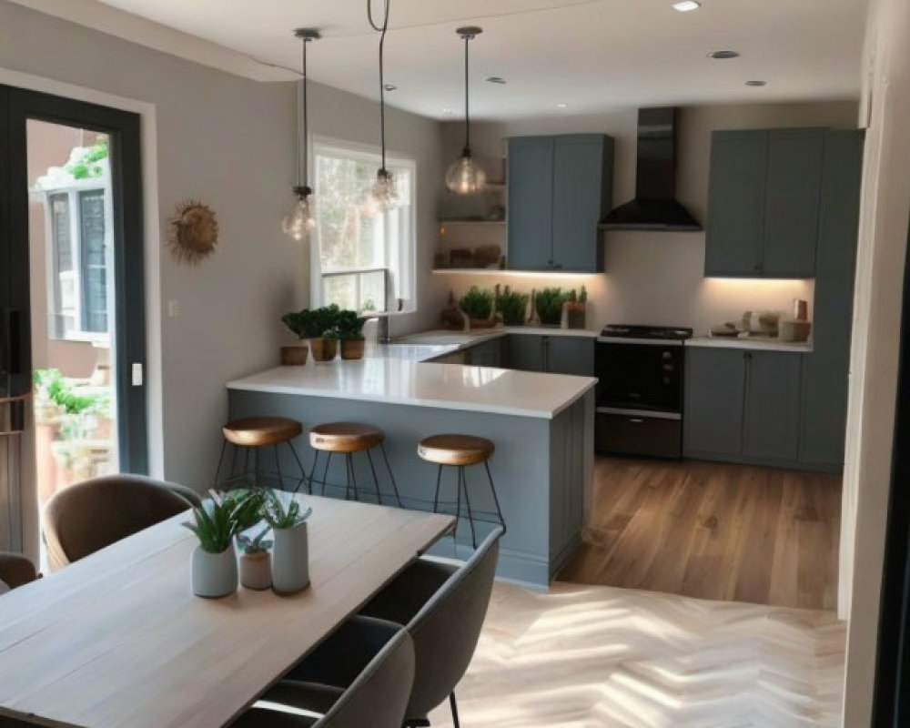 Contemporary Gray Kitchen with White Countertops and Wooden Floor