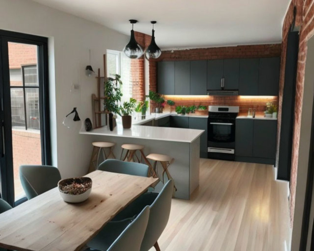 Contemporary Kitchen with Island, Brick Wall, Hanging Lights, Wooden Table, and Blue Chairs
