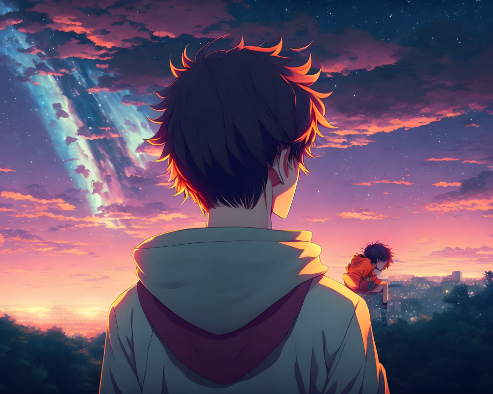 Anime-style character admires vibrant sunset with meteors in serene cityscape