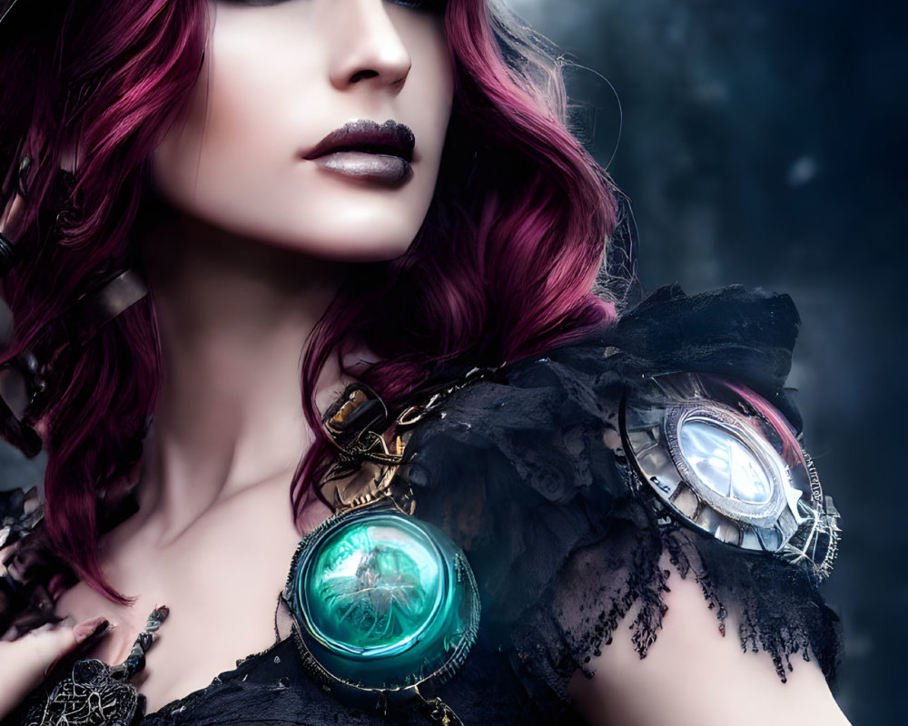 Purple-haired woman in witch hat with steampunk accessories in misty setting