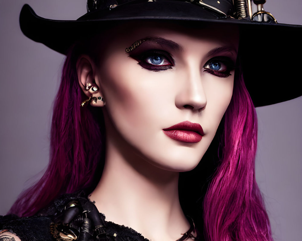 Vibrant purple hair woman with steampunk hat & bold makeup
