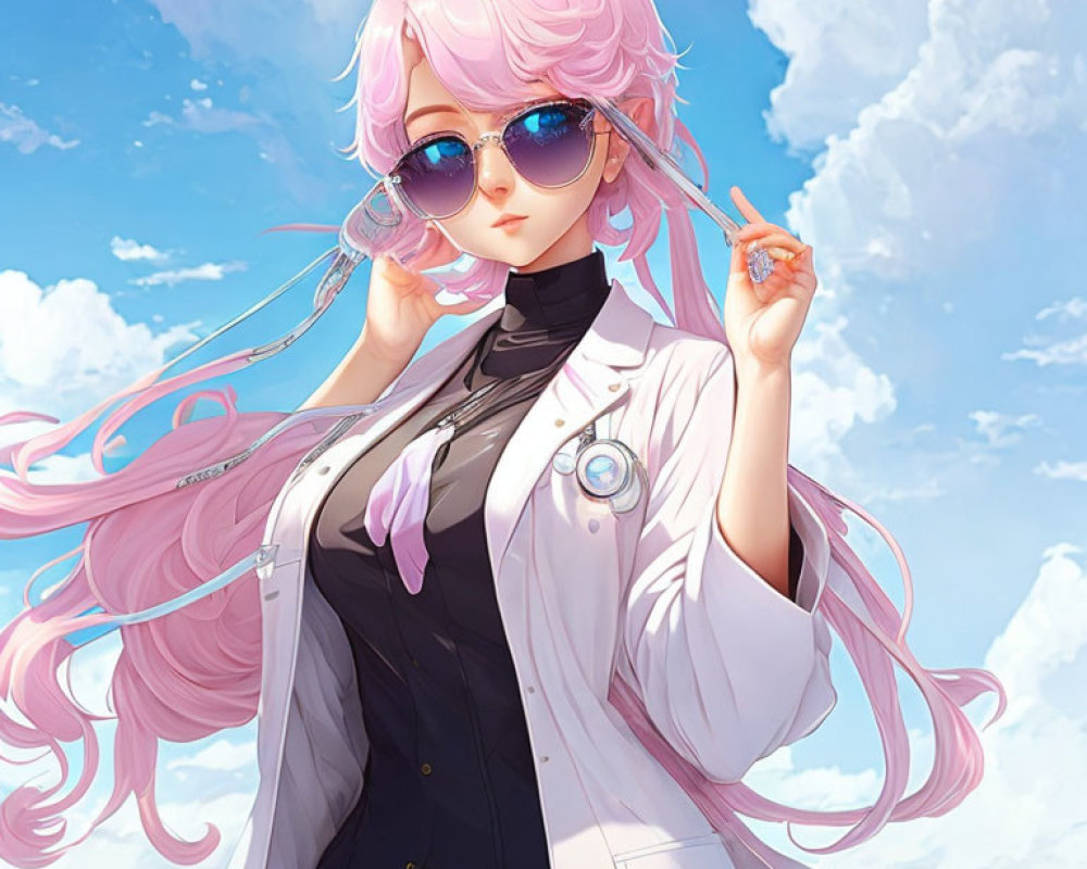 Pink-haired animated character in sunglasses, white coat, black outfit, under blue sky.