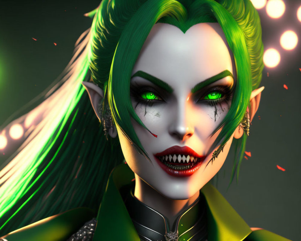 Female character with green hair, pointed ears, fangs, and dramatic makeup in dark 3D