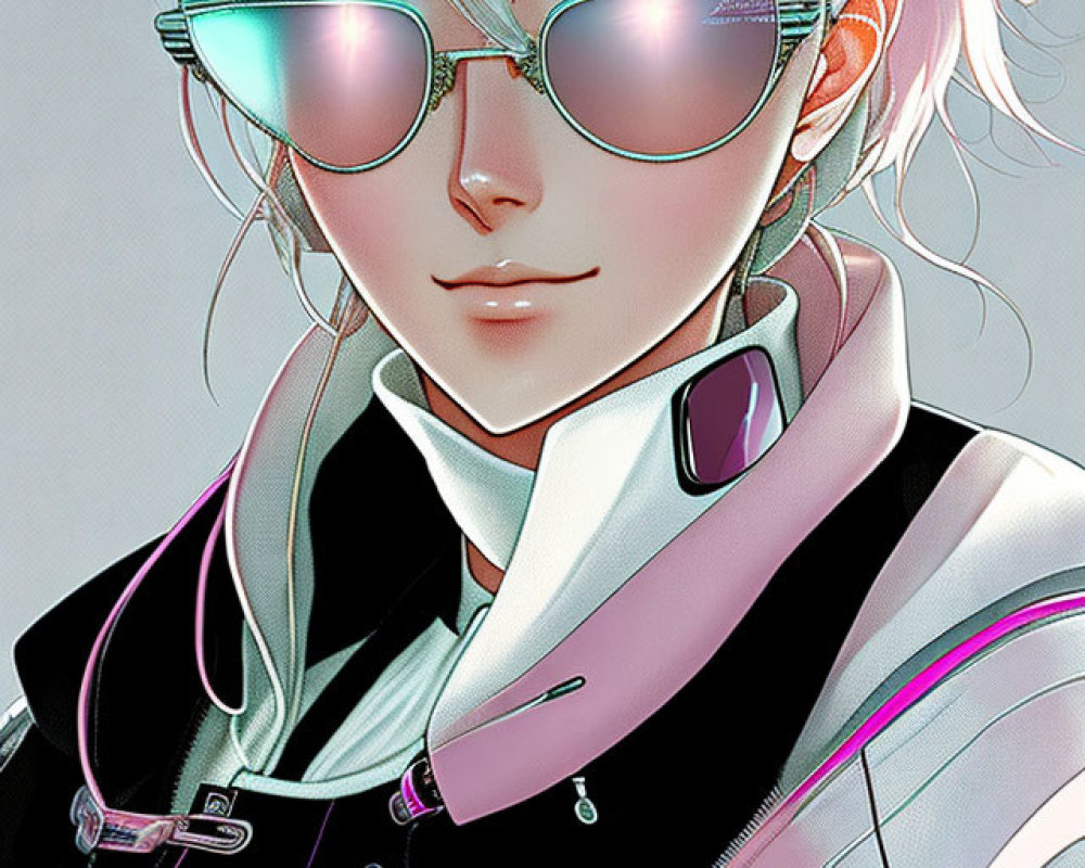 Stylized anime girl with pink hair and blue eyes in fashionable outfit