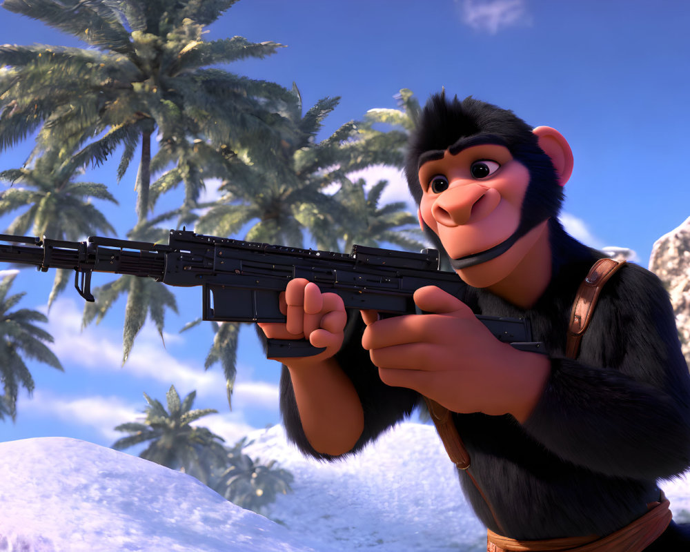Animated gorilla with bandolier in snowy palm tree setting holding assault rifle