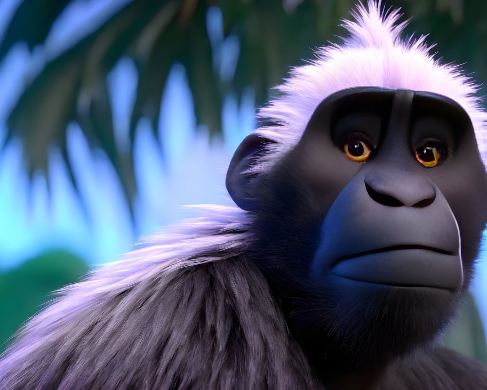 3D-rendered gorilla with expressive eyes in lush green foliage