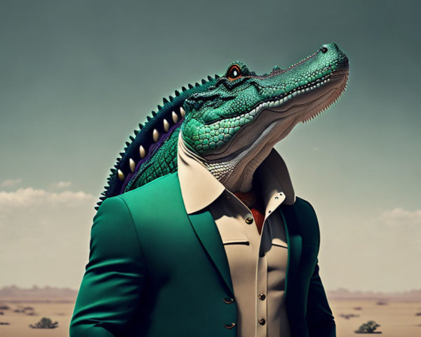 Alligator head on human body in green suit in desert setting