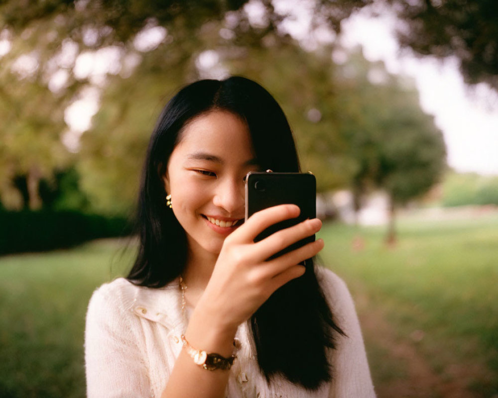 Smiling woman with phone in park setting