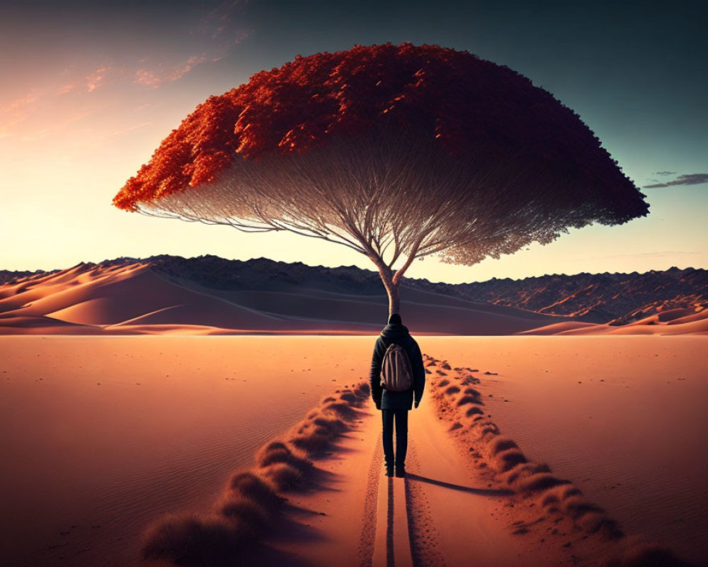 Solitary figure by large tree in desert sunset